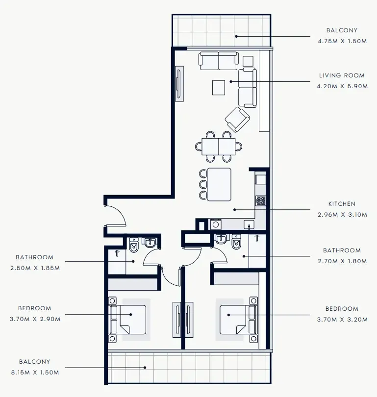 Riviera Rêve 2 bed floor plan, 1,238 – 1,257 sqft
