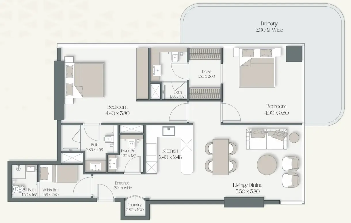 The Caden by Prescott 2 bed floor plan, 1,359 – 1,399 sqft