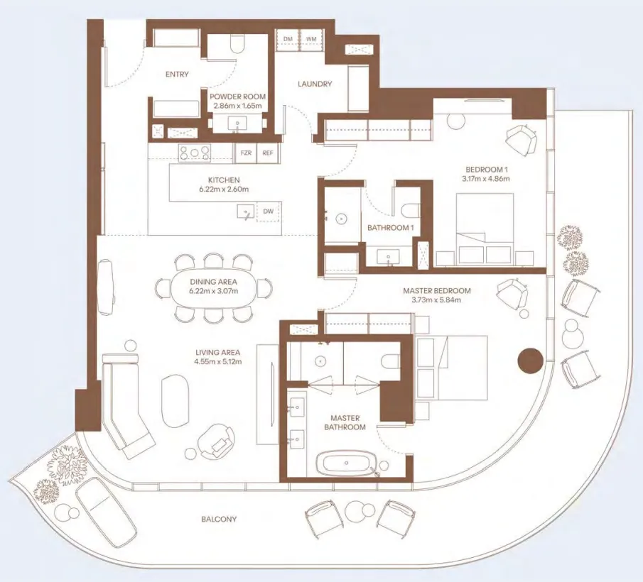 Dubai Harbour Residence 2 bed floor plan, 2,248 sqft