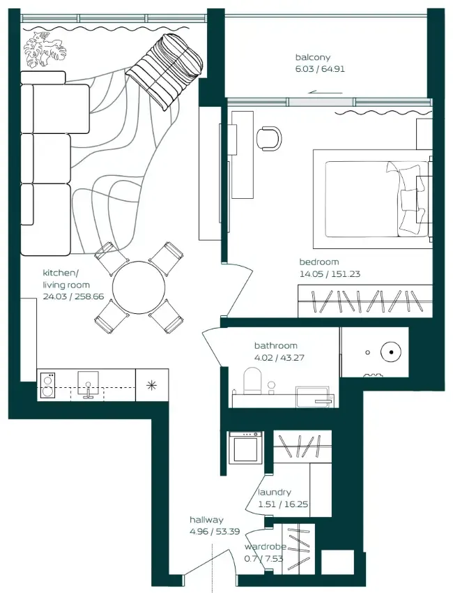 Vibe 1 bed floor plan, 670 sqft
