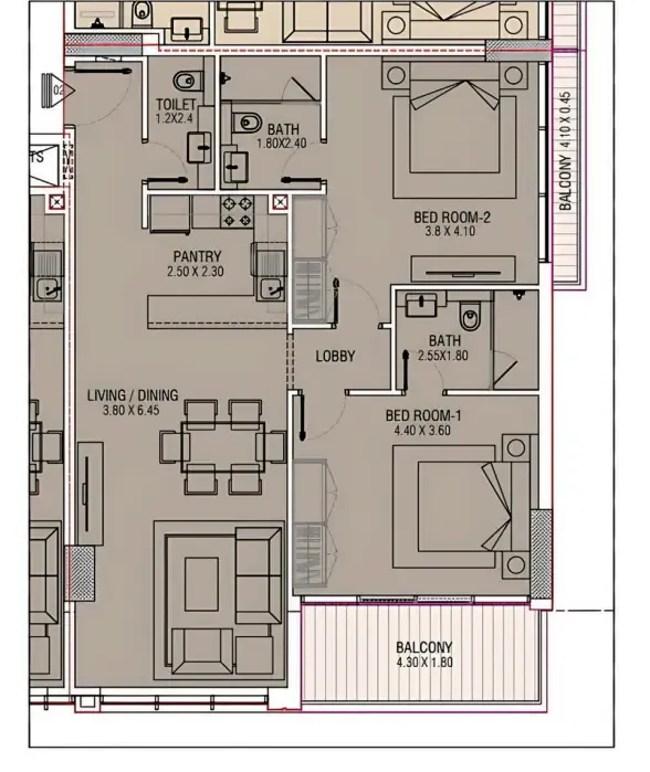 Brand Centro 2 bed floor plan, 1,097 sqft