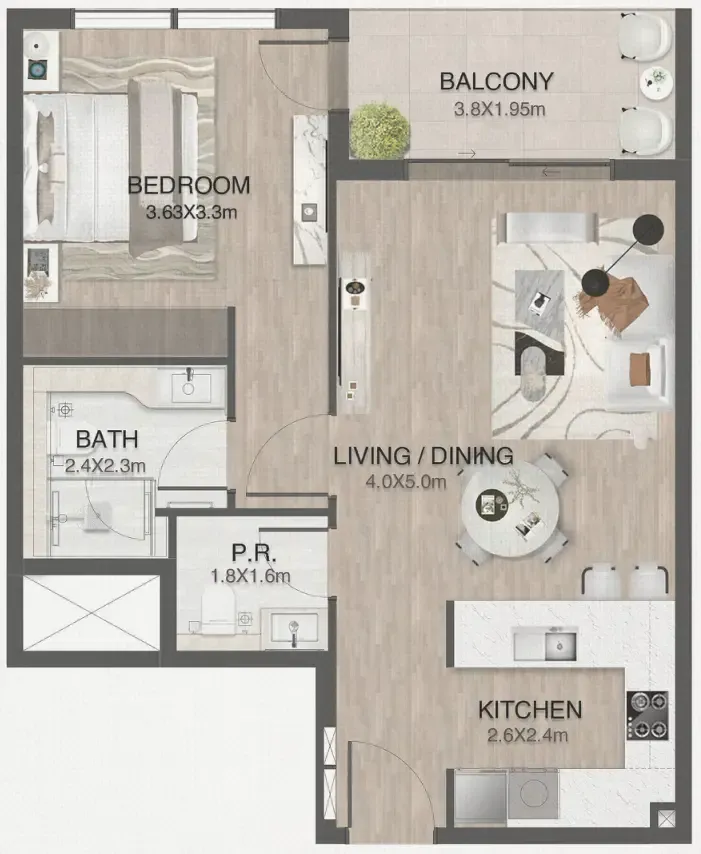 One by Nine 1 bed floor plan, 736 sqft