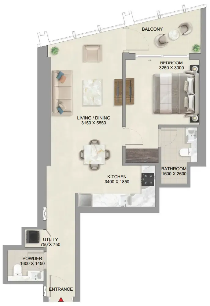 The Mirage at Sobha Central 1 bed floor plan, 783 sqft