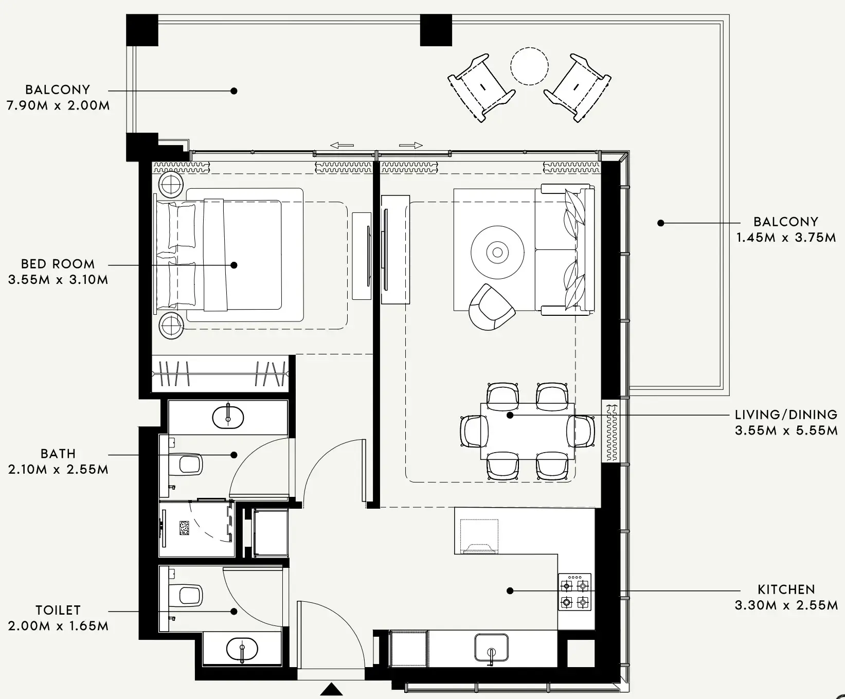 Riviera 58 1 bed floor plan, 934 sqft
