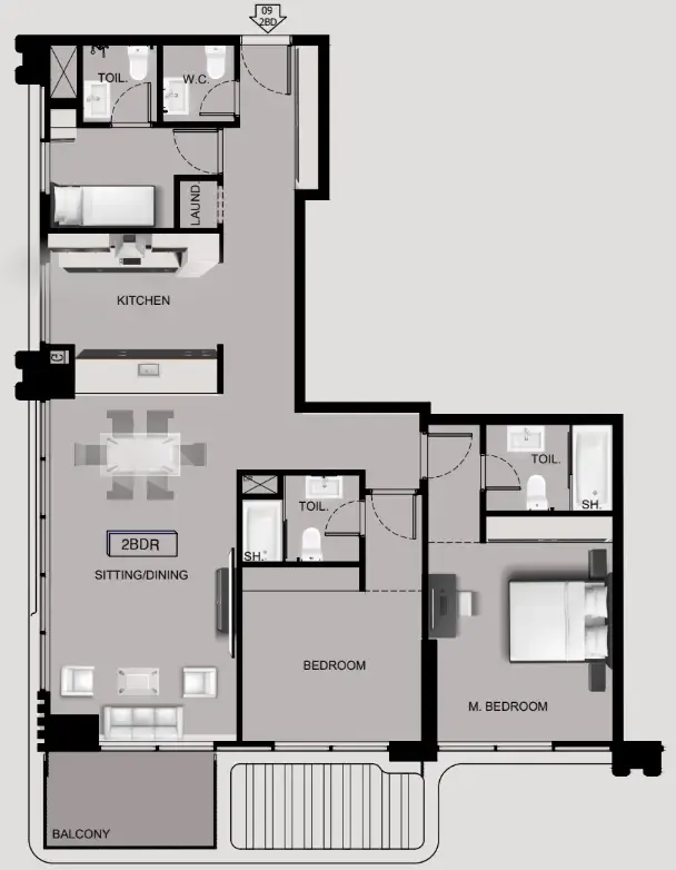 Sea View Residence 2 bed floor plan, 1,403 sqft