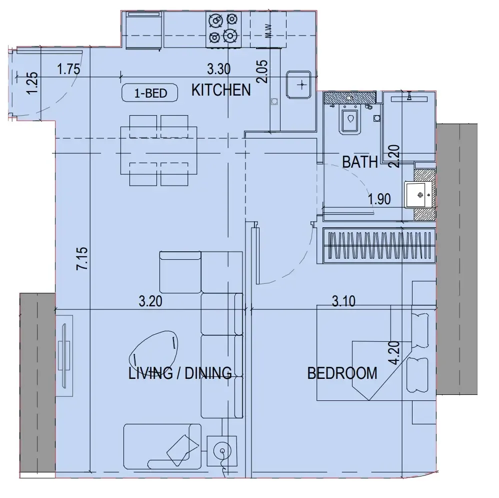 Binghatti Sky Terraces 1 bed floor plan, 572 sqft