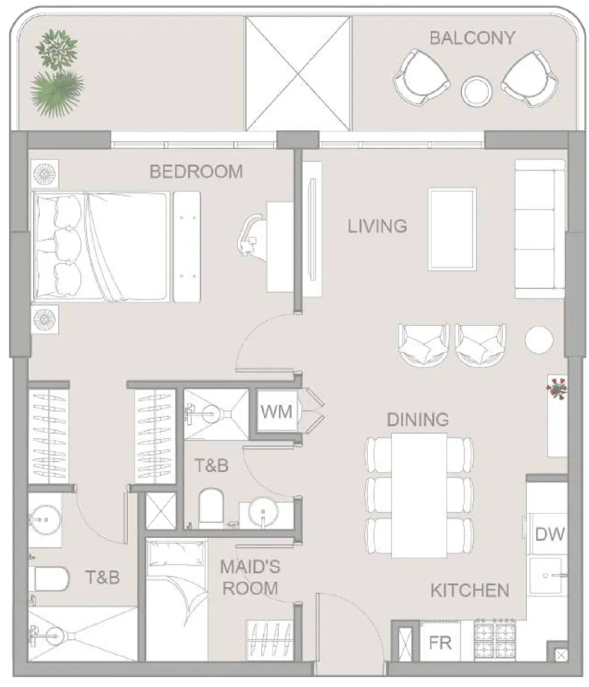TETR1S Tower 1 bed floor plan, 821 sqft