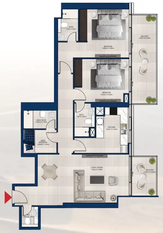 Al Vista 2 bed floor plan, 1,425 sqft