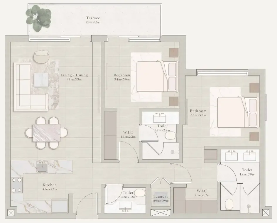 Emerge Residences 2 bed floor plan, 1,041 sqft
