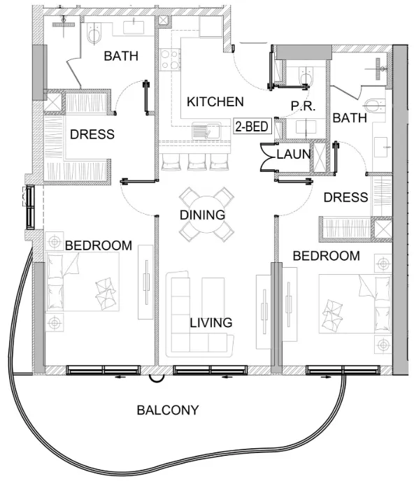 Valencia 2 bed floor plan, 1,180 sqft