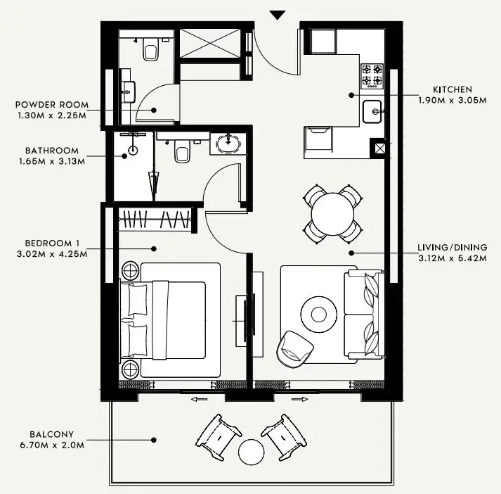 Azizi Venice 1 bed floor plan, 760 sqft