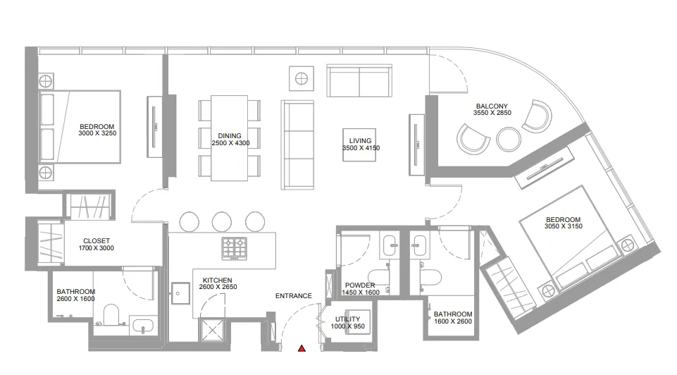 Bayside Marina Residences 2 bed floor plan, 1,021 sqft