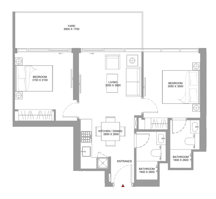 Pearlside Marina Residences 2 bed floor plan, 806 sqft