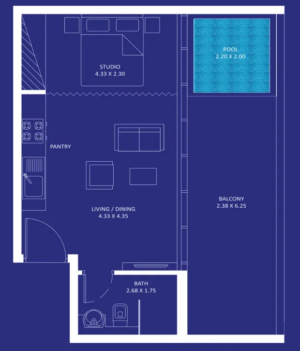 Oceanz Studio floor plan, 568 sqft