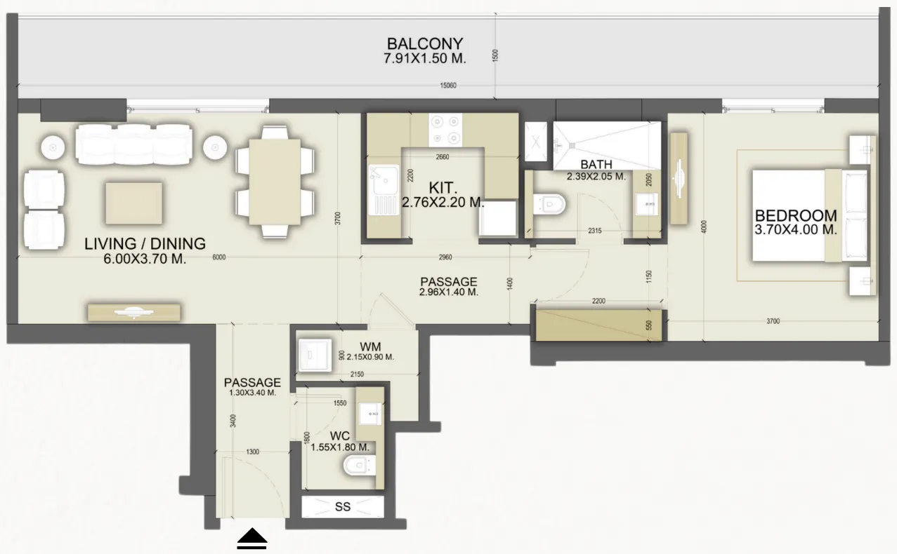 Dalmore Tower 1 bed floor plan, 1,030 – 1,042 sqft