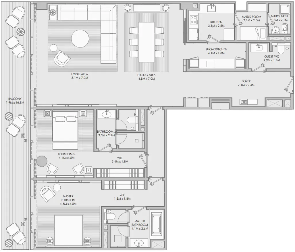 Armani Beach Residence 2 bed floor plan, 2,623 – 2,630 sqft