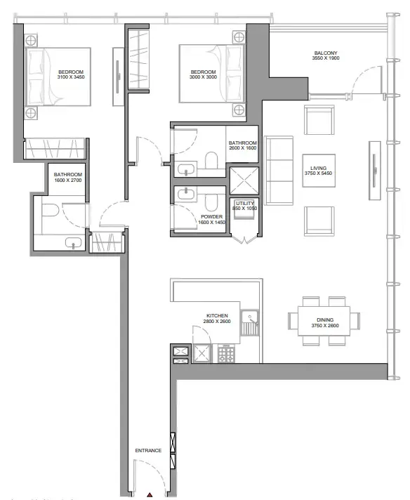 The Element at Sobha One 2 bed floor plan, 1,283 sqft