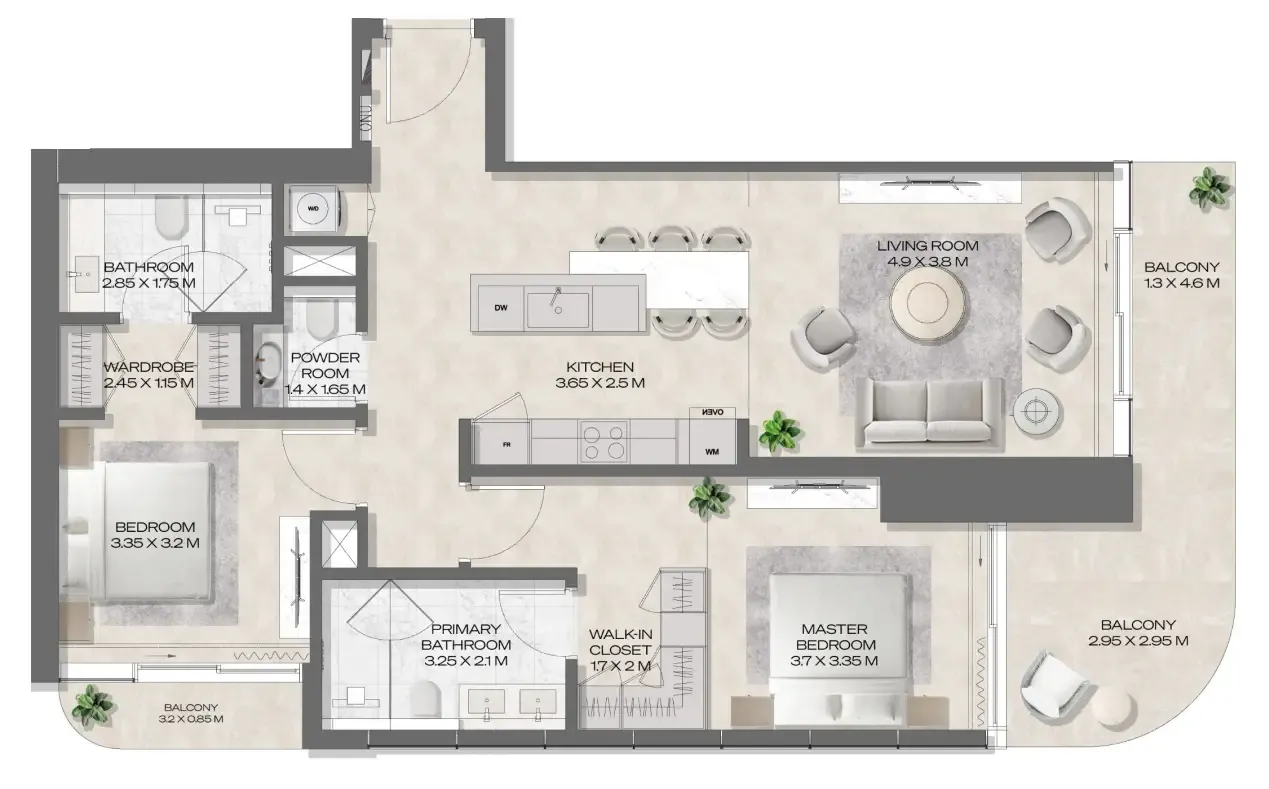 DWTN Residences 2 bed floor plan, 1,335 sqft