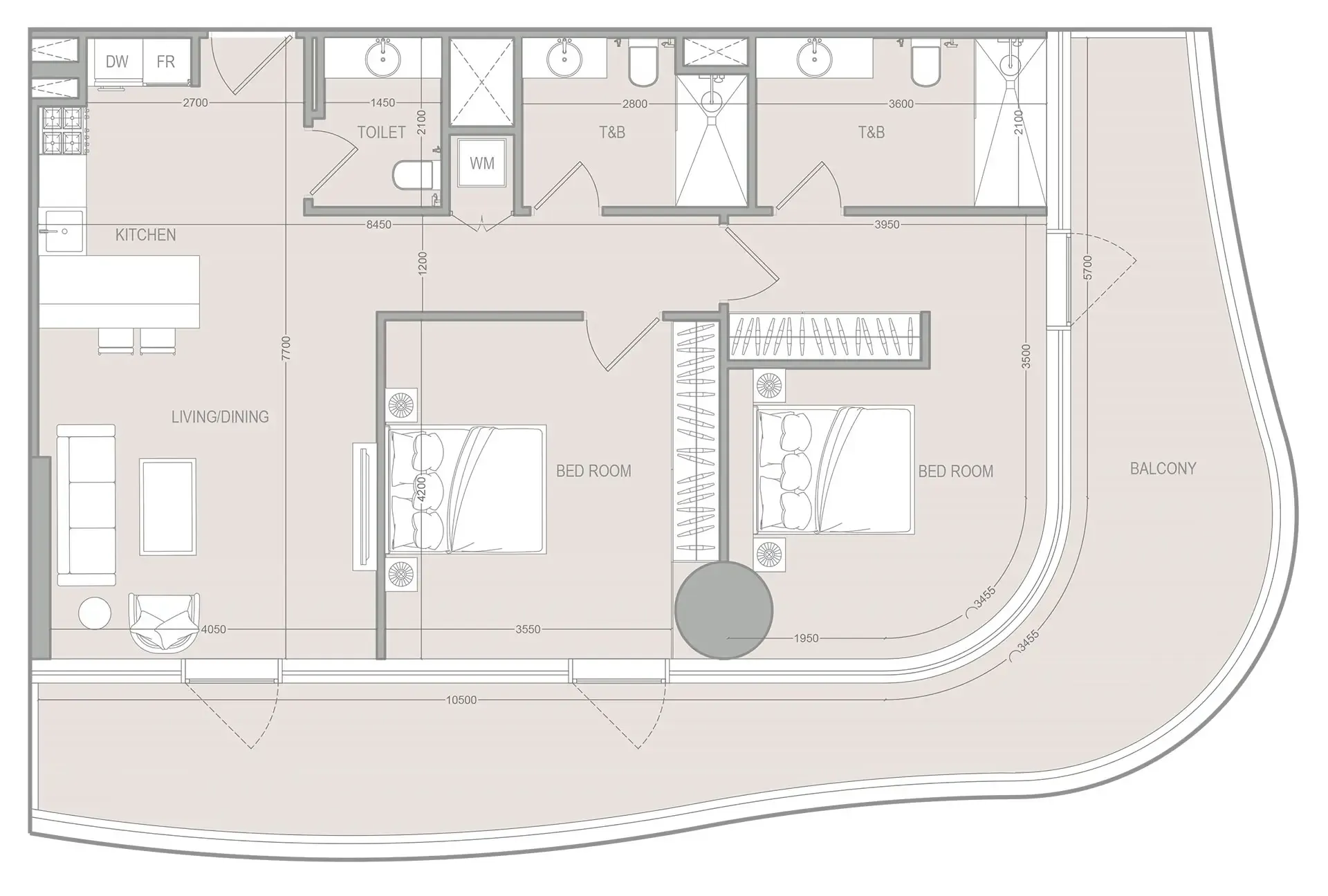 A1LA Residence 2 bed floor plan, 1,208 – 1,501 sqft