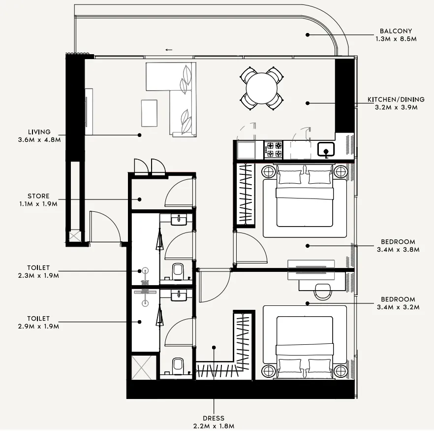 Azizi Milan 2 bed floor plan, 1,075 sqft