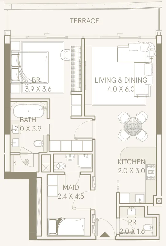 Saas Hills 1 bed floor plan, 1,094 sqft