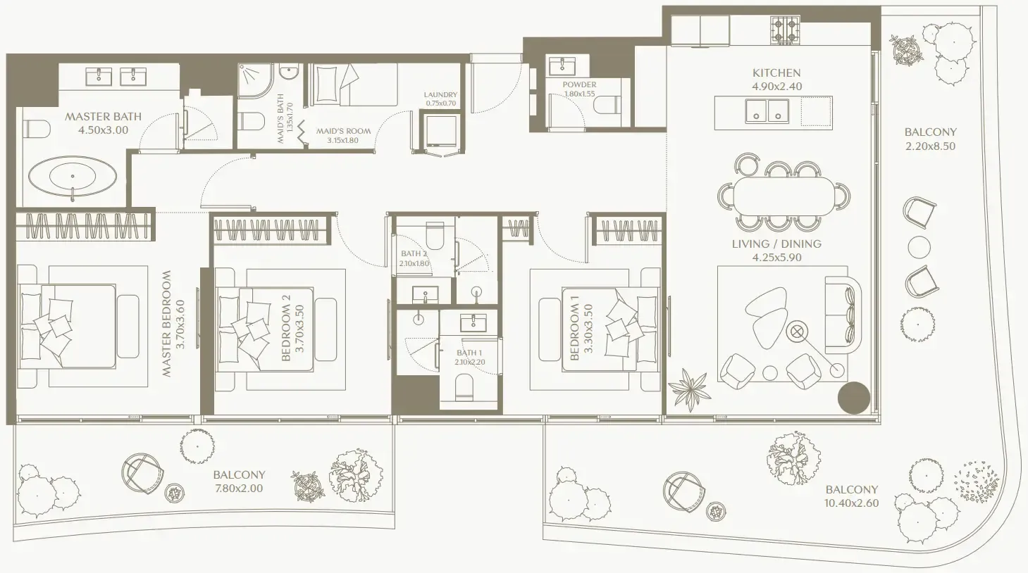 AYA Beachfront Residences 2 bed floor plan, 1,744 sqft