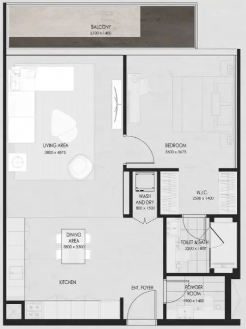 Wadi 645 1 bed floor plan, 811 – 823 sqft