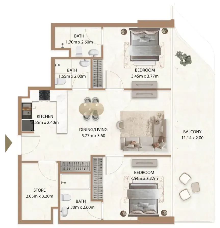 Veda by AUM Development 2 bed floor plan, 1,119 sqft