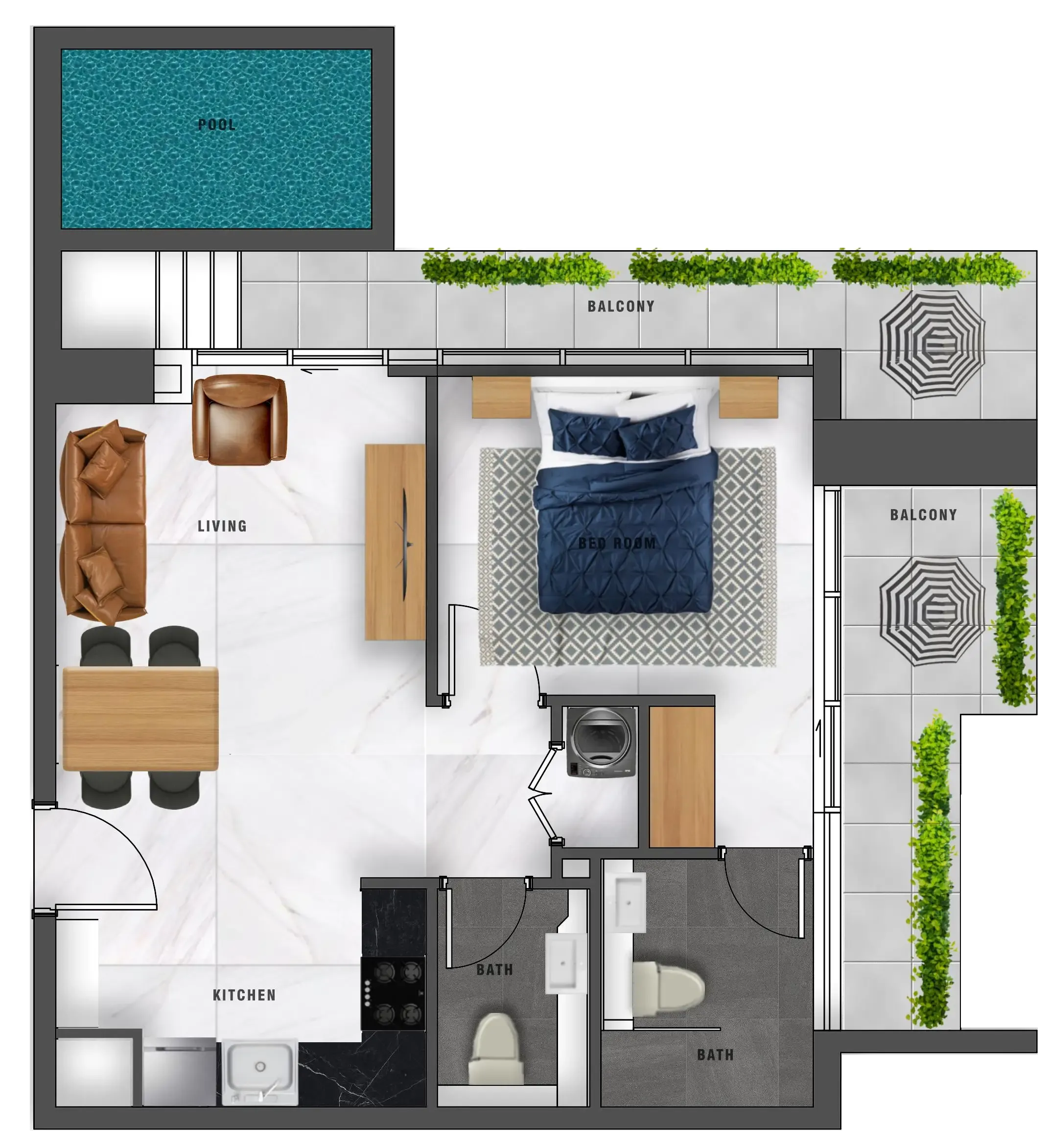 Samana Waves 1 bed floor plan, 721 – 802 sqft