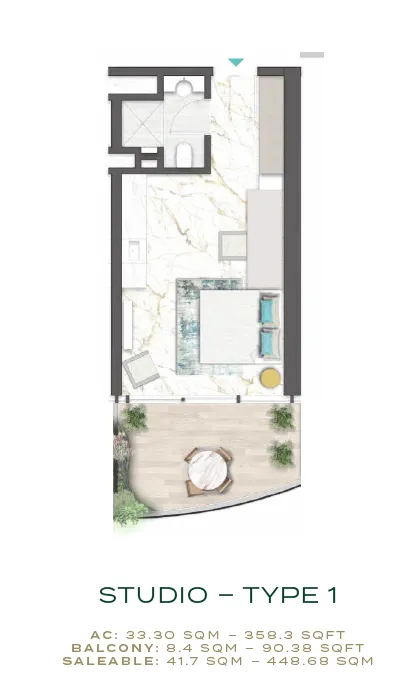 Chic Tower Studio floor plan, 495 sqft