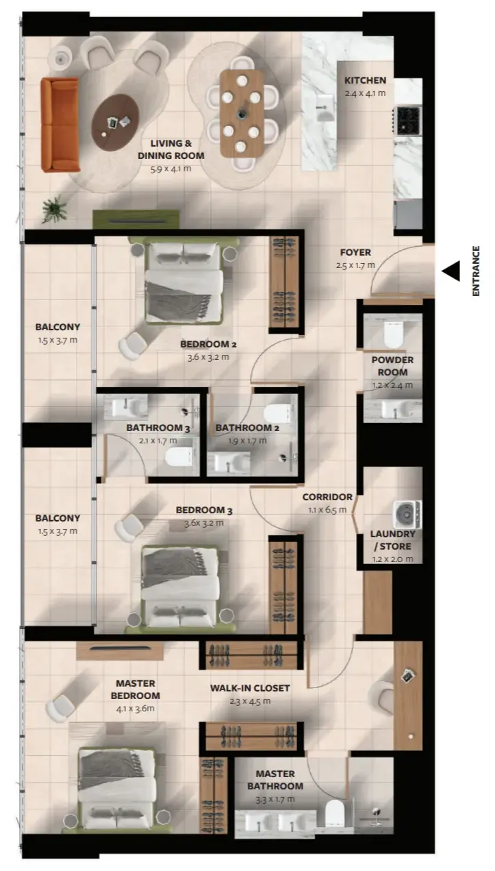 Waada Dubai South 3 bed floor plan, 1,525 – 1,531 sqft