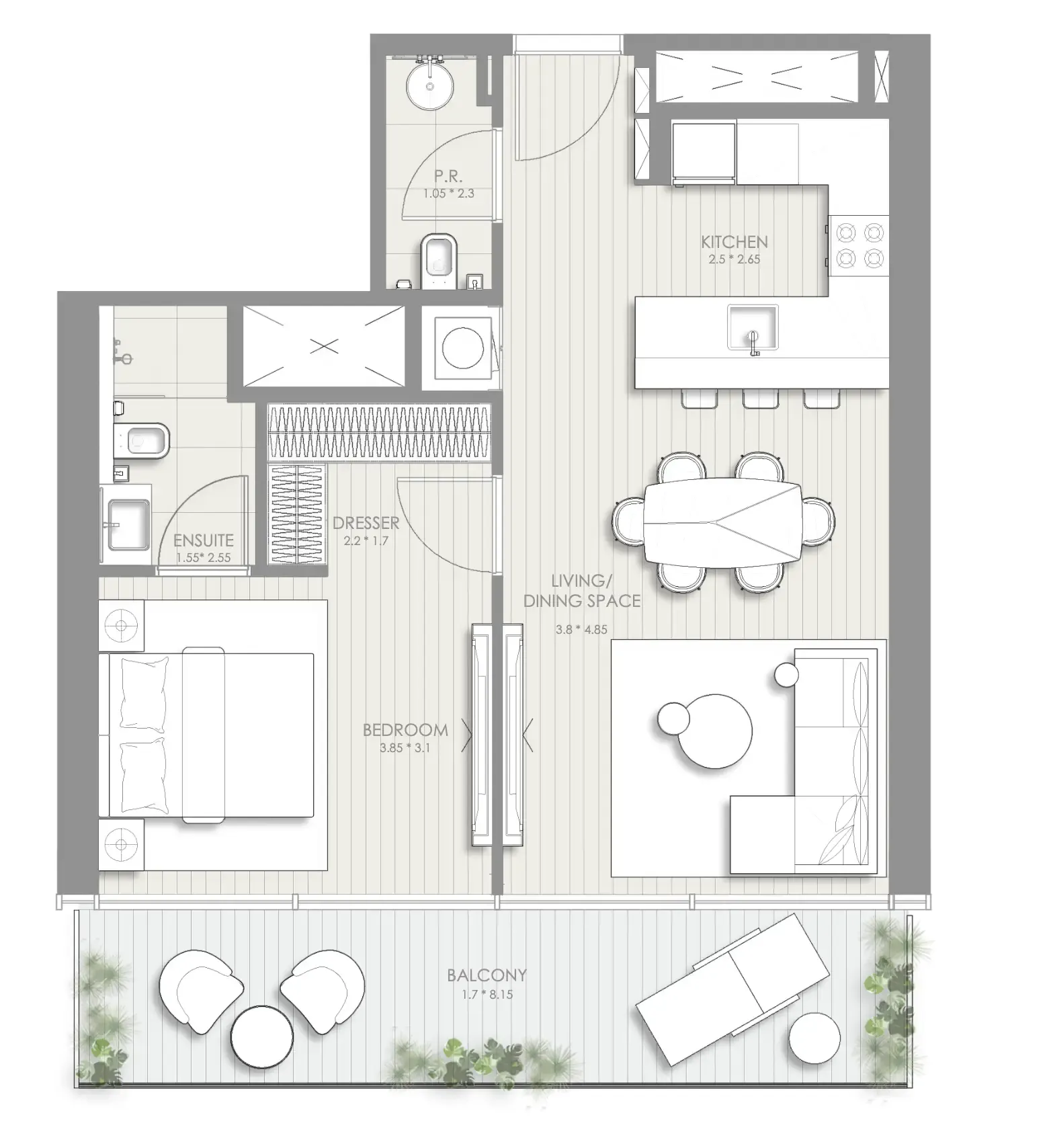 Sol Luxe 1 bed floor plan, 788 sqft