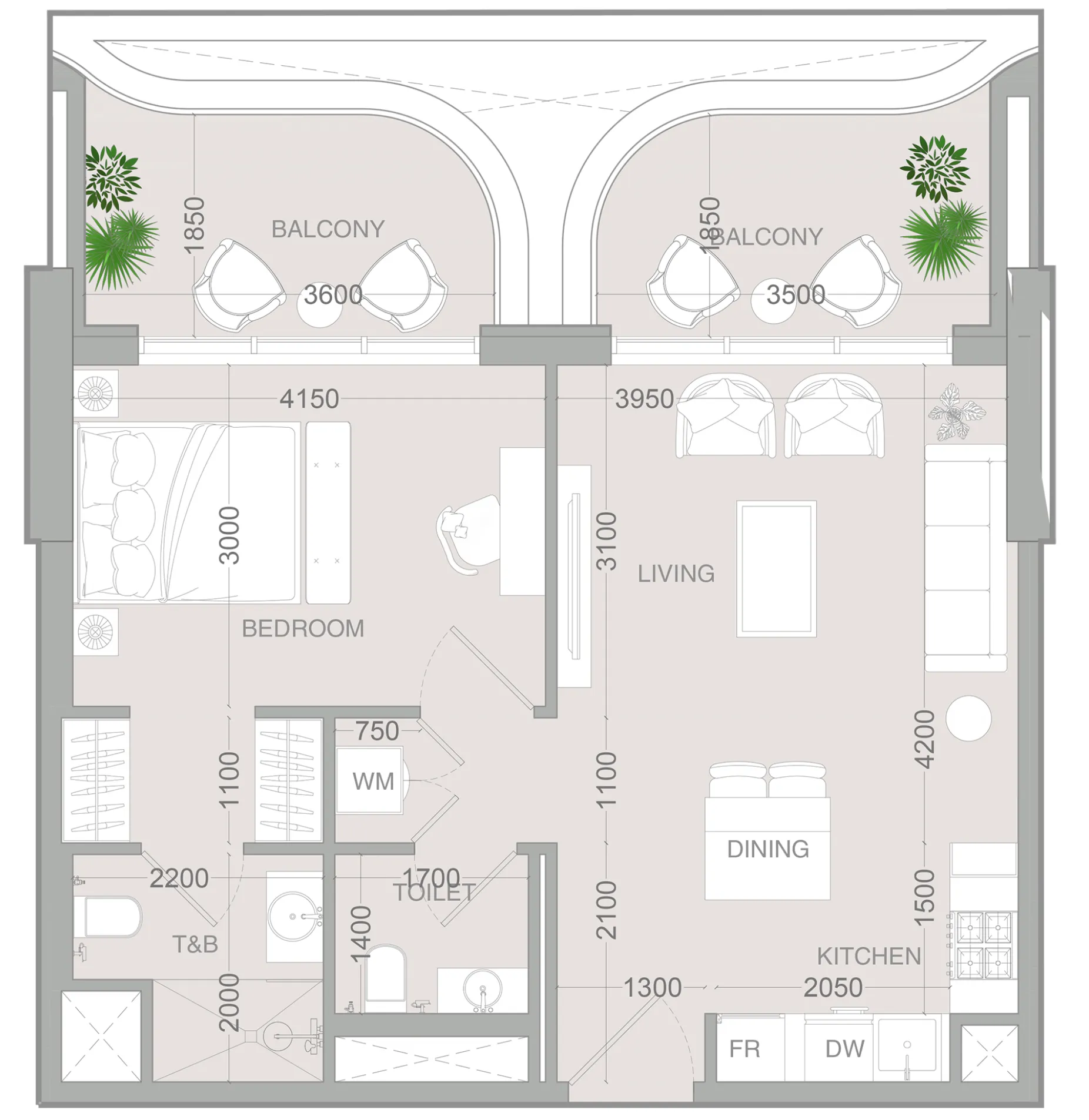 ALTA V1EW 1 bed floor plan, 736 sqft