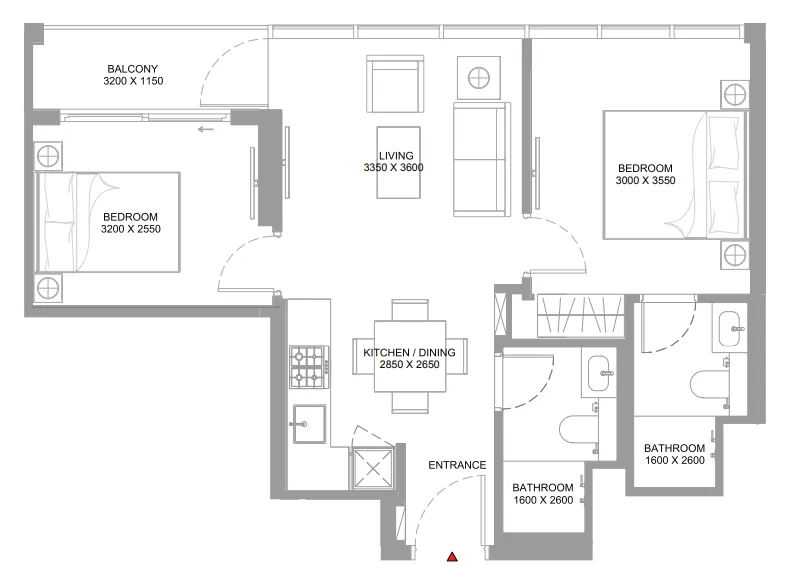 Bayfront Marina Residences 2 bed floor plan, 653 – 654 sqft
