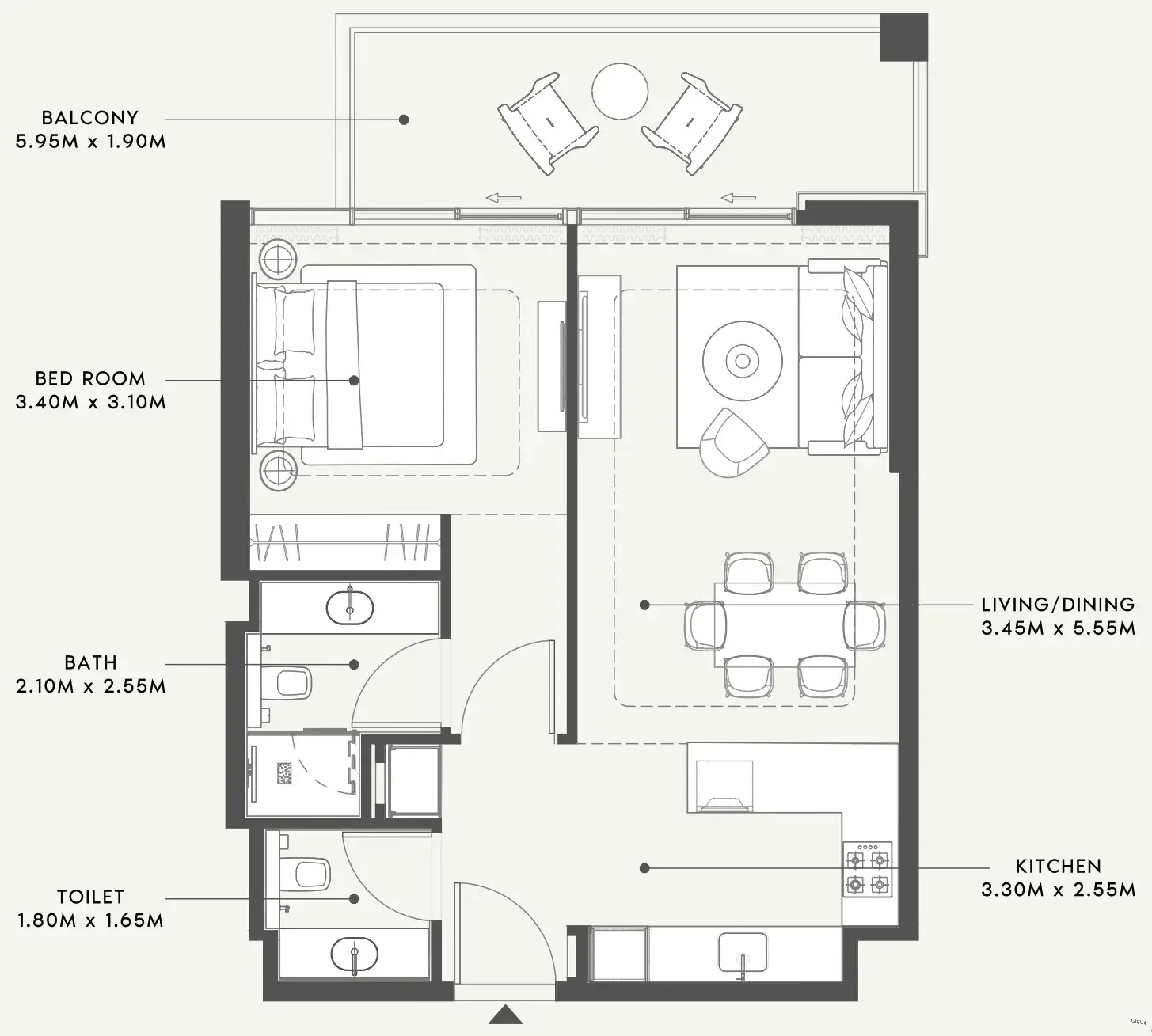 Riviera 58 1 bed floor plan, 760 sqft