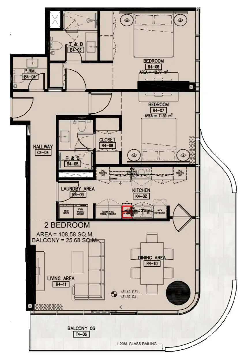Azha Millennium Residences 2 bed floor plan, 1,445 sqft