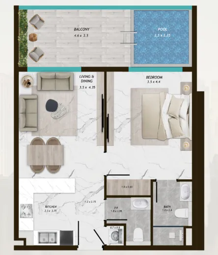 Samana Parkville 1 bed floor plan, 773 sqft