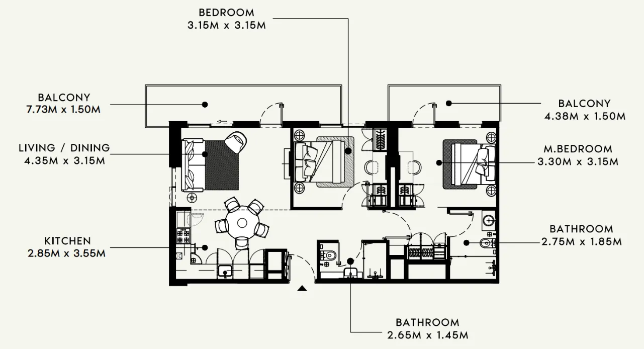 Beach Oasis 1 and 2 2 bed floor plan, 1,038 sqft