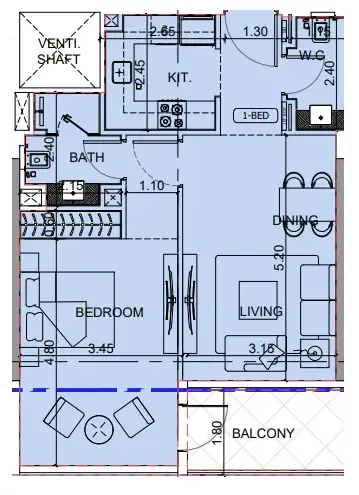 Binghatti Cullinan 1 bed floor plan, 702 sqft
