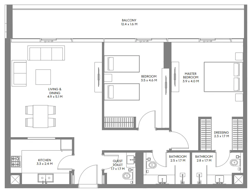 The Gate 3 and 4 2 bed floor plan, 1,345 sqft