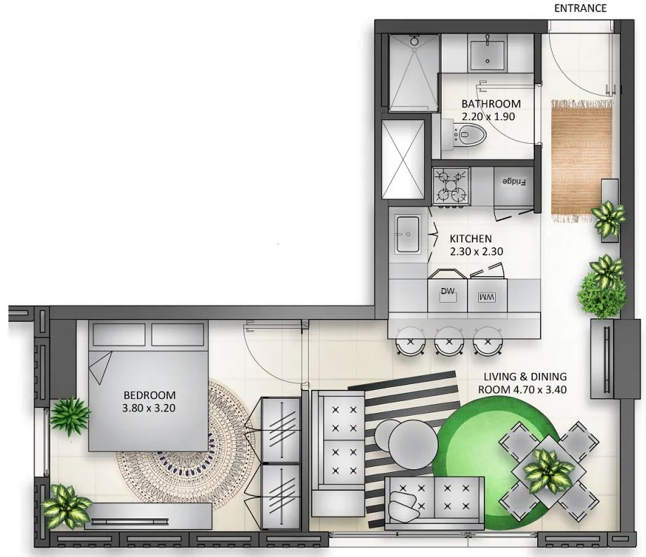 Al Mamsha Sharjah 1 bed floor plan, 672 sqft