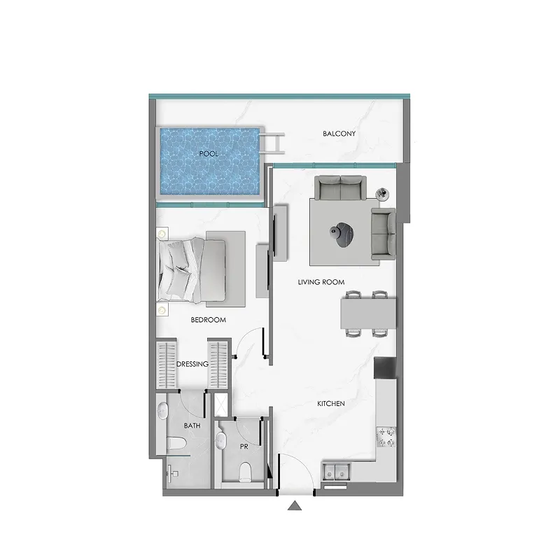 Ocean Crest 1 bed floor plan, 766 – 881 sqft