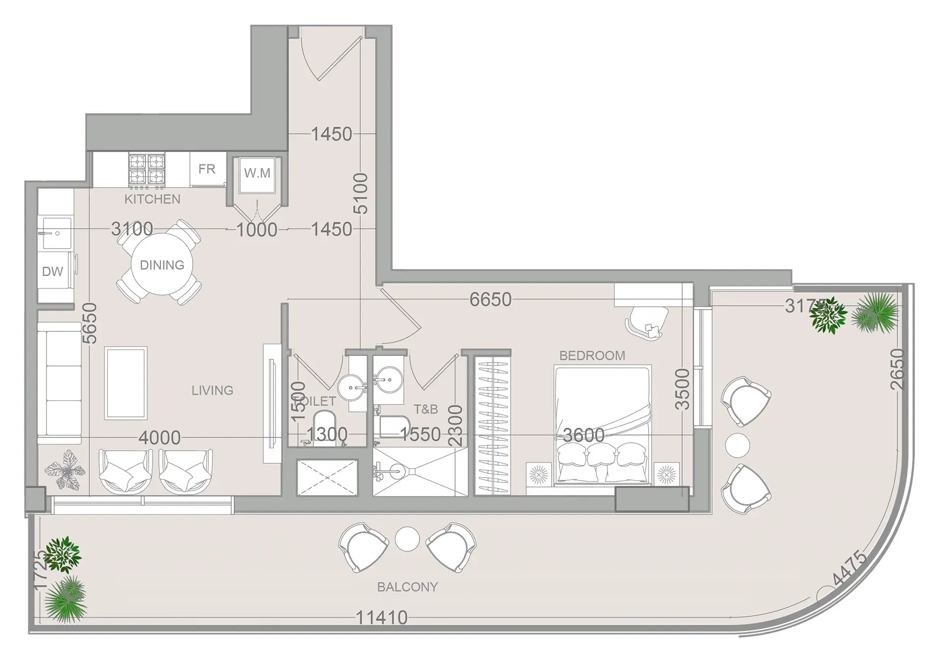ELAR1S Sky 1 bed floor plan, 1,020 sqft