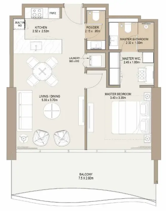 Laguna Residence 1 bed floor plan, 820 – 912 sqft