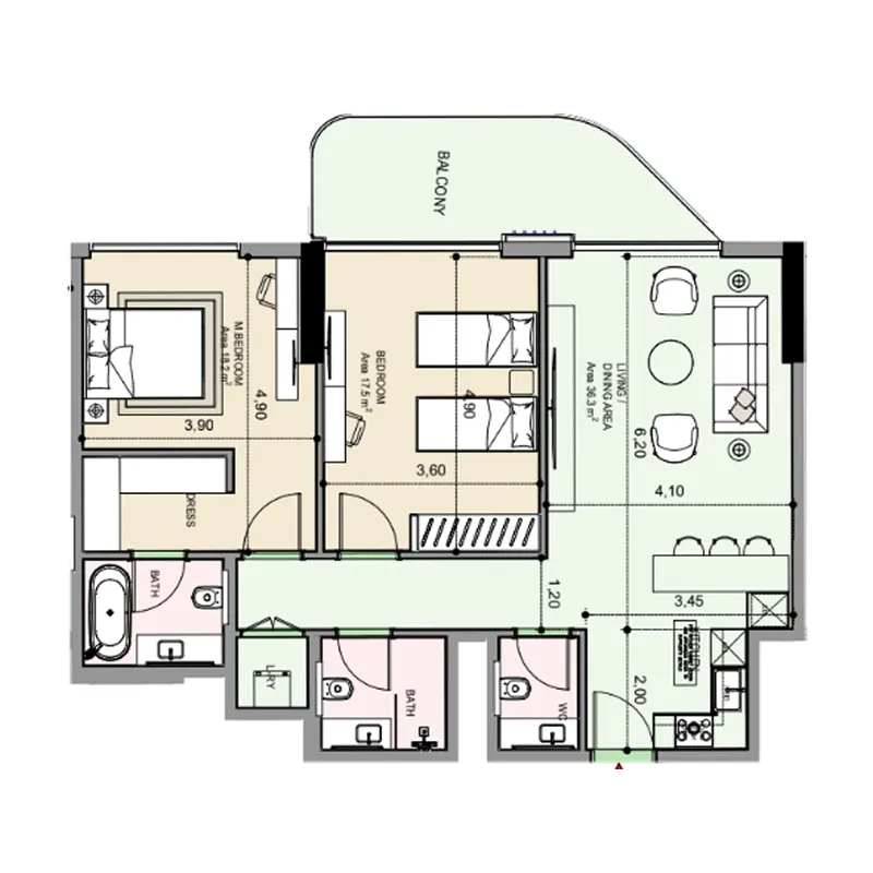 Edgewater Residences 1, 2 and 3 2 bed floor plan, 1,161 sqft