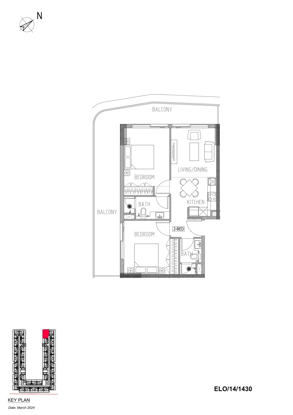 Elo Damac 2 bed floor plan, 998 sqft