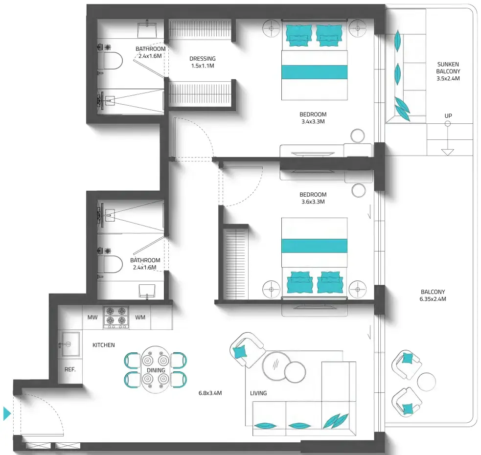 Reef 996 2 bed floor plan, 478 – 1,223 sqft
