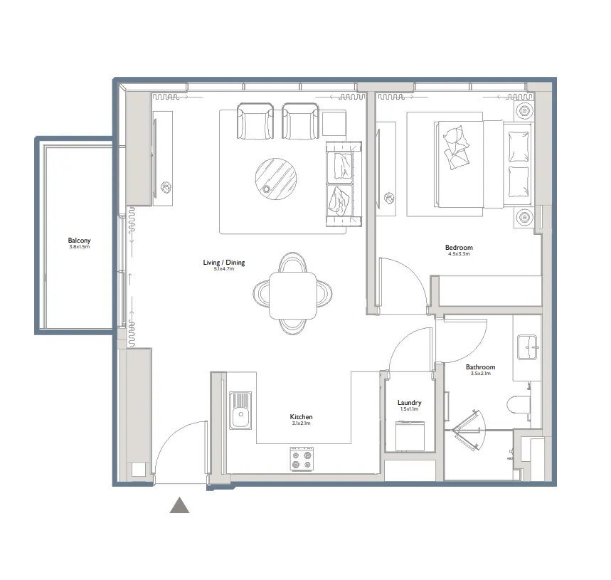 Serenia District East Residences 1 bed floor plan, 851 sqft