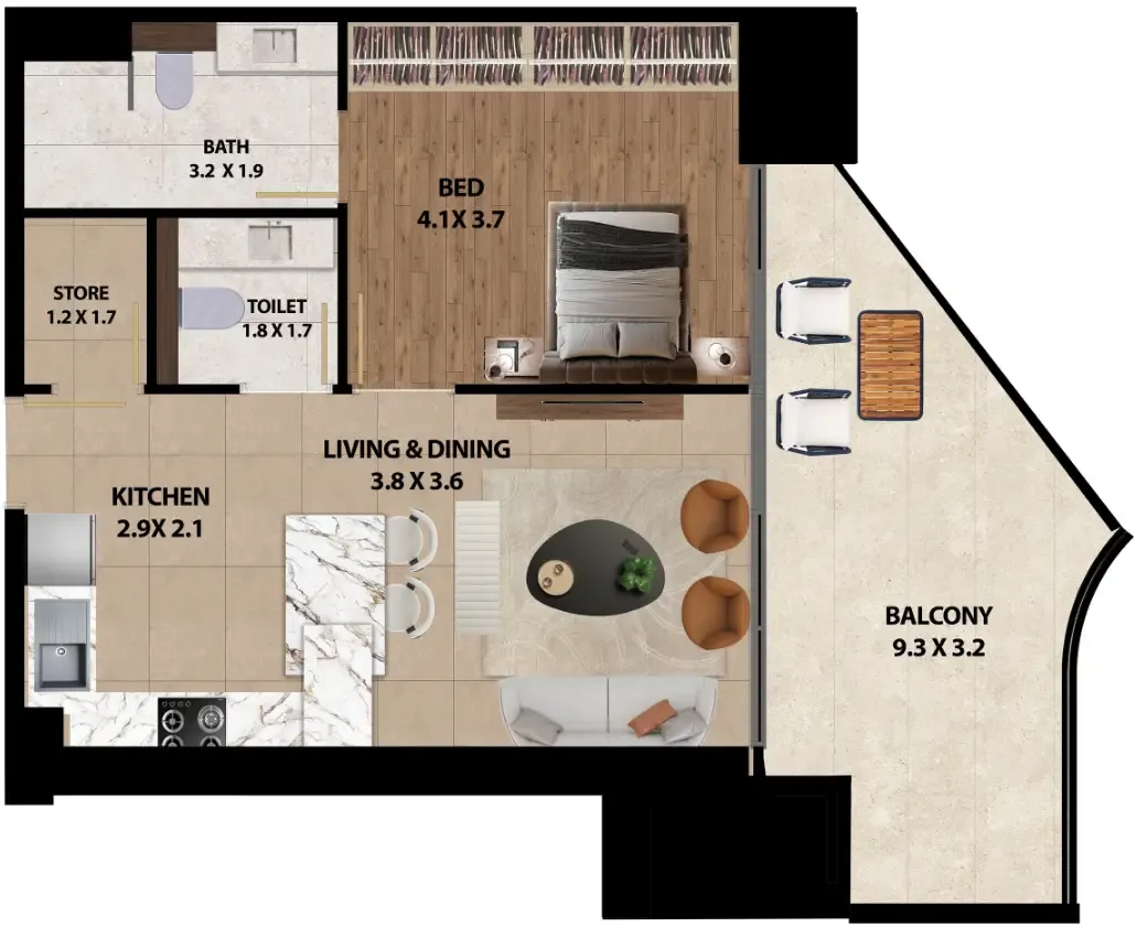 Marquis One 1 bed floor plan, 887 sqft