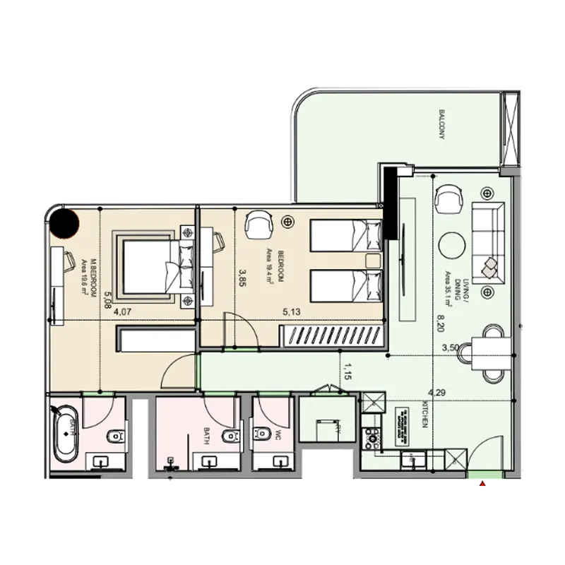 Edgewater Residences 1, 2 and 3 2 bed floor plan, 1,219 sqft